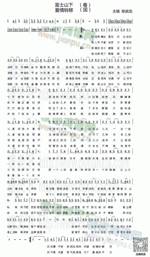 陈奕迅富士山下乐谱及歌词
