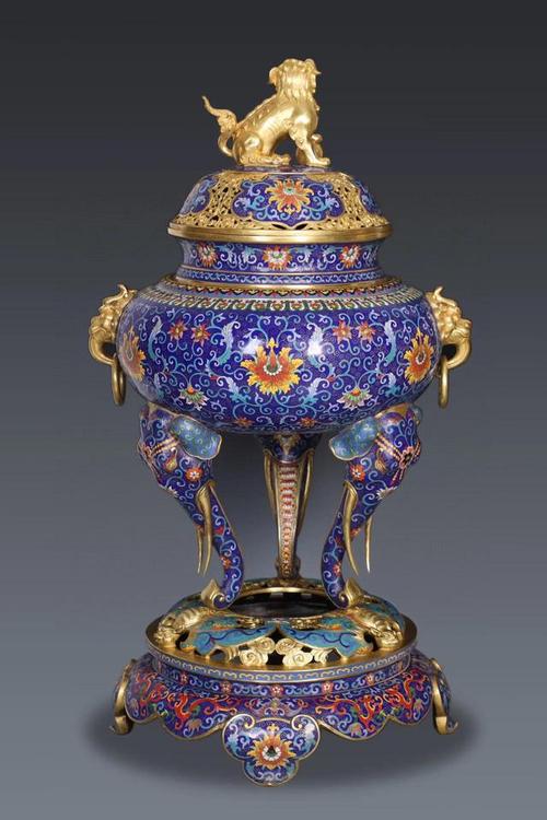 清精铸铜胎景泰蓝掐丝珐琅象足铺首衔环耳熏炉一对