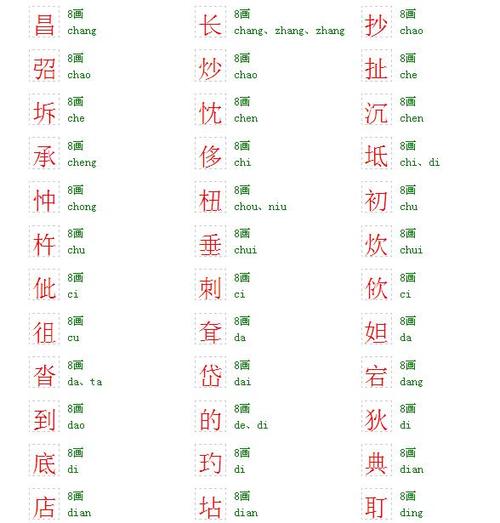 八划繁体字有哪些