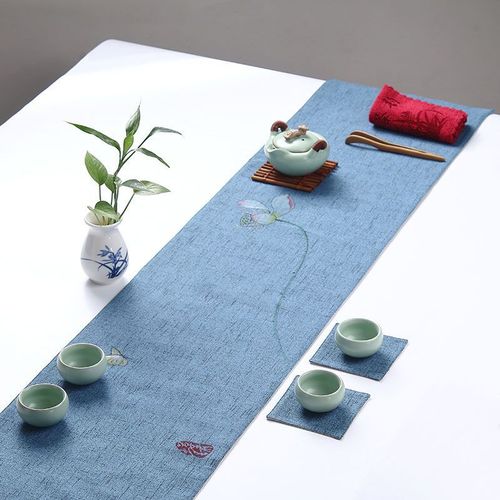 茶席桌旗中式茶几垫茶巾纯手工棉麻中国风梅刺绣桌旗布艺茶席麻布
