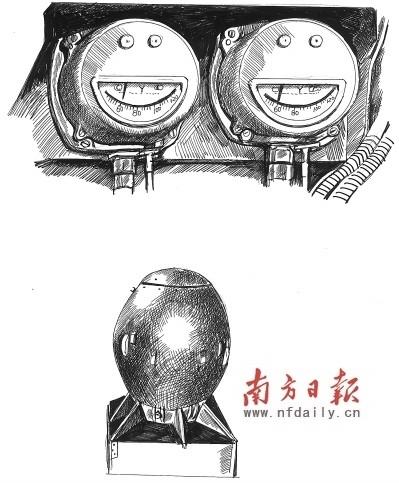 漫画:上图为核装置控制阀;下图为投到日本的原子弹"胖子".