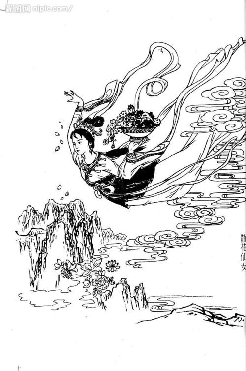 天女散花设计图_古代白描画_绘画书法_文化艺术_设计图库_昵图网