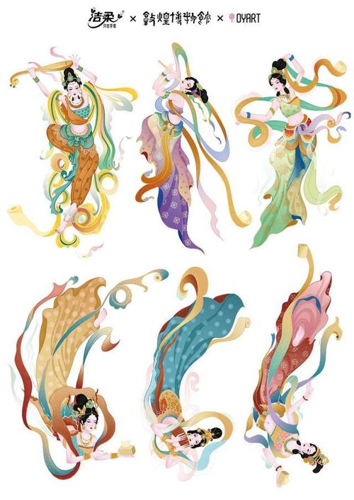 从线稿插画展示中可以看到   整体围绕 六种不同的飞天形象展开设计