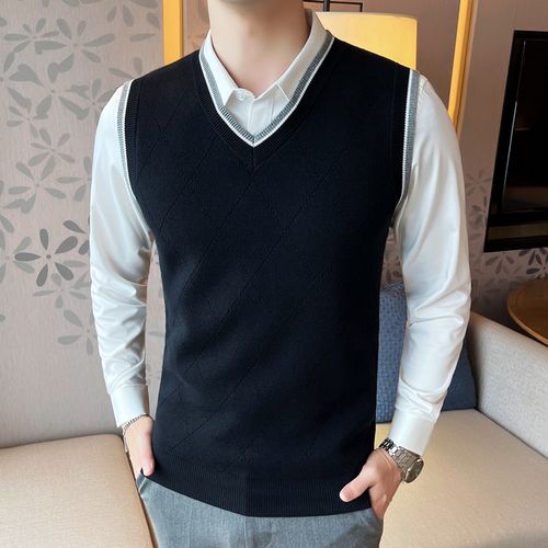 稻草人羊毛背心男绅士风秋冬v领毛无袖马甲鸡心领针织男士外穿坎肩线
