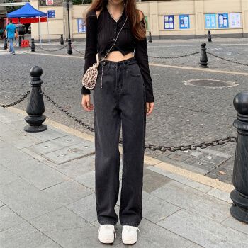 阔腿牛仔裤女宽松显瘦显腿细腿长的裤子女黑色牛仔裤梨形身材子女春