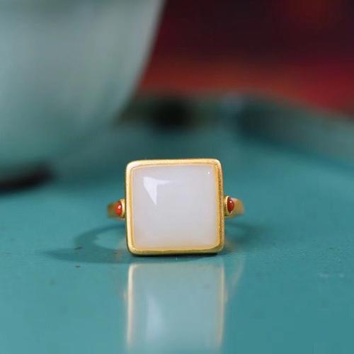 古法金镶嵌天然和田玉戒指白玉方形s925南红复古个性指环饰品女款