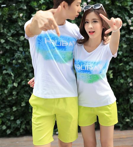 qlz婚纱照情侣装夏装女2016男短袖t恤海边度假沙滩短裤.