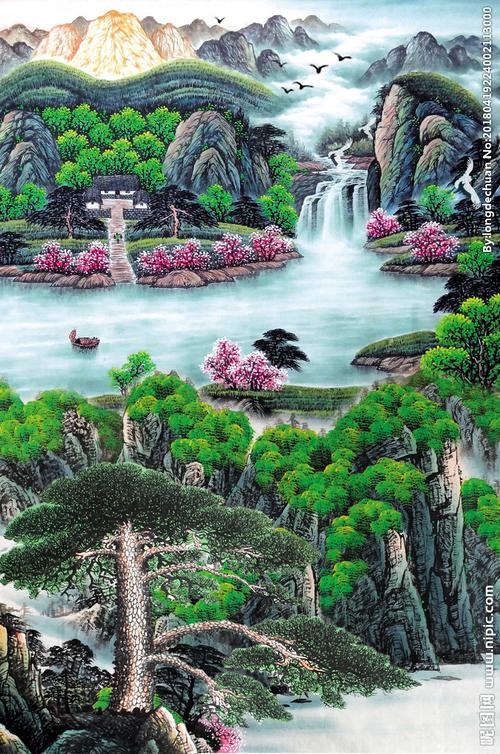 山水国画迎客松图片