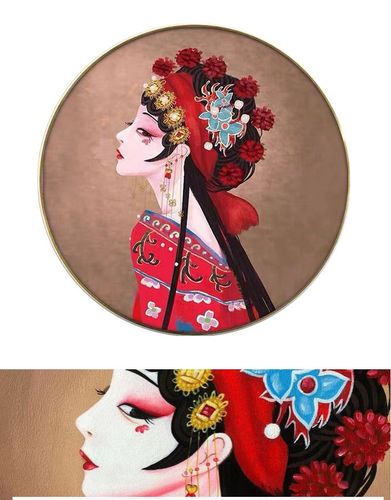 aaa特价捡漏纯手绘美女京剧花旦脸谱人物圆型装饰油画