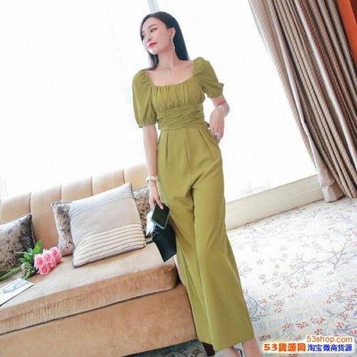 广州高端显瘦袖方领阔腿连体裤女服装批发海外