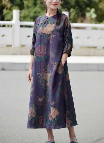 如意棉麻~ 浅紫高织麻棉日常改良盘扣长袖旗袍裙修身