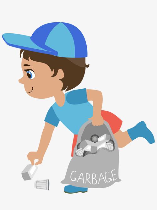 卡通小男孩手绘捡垃圾草地劳动节