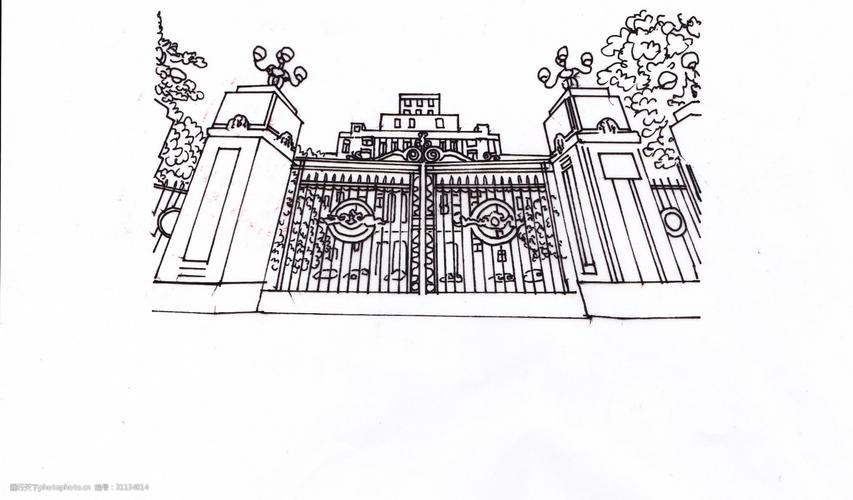 手绘大门仰视建筑素材黑白线条
