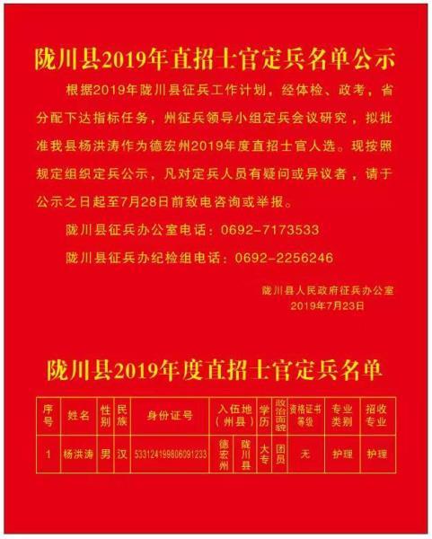陇川县2019年直招士官定兵名单公示