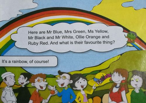here are mr blue,mre green,ms yellow