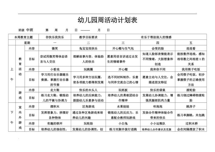 幼儿园中班周活动计划表