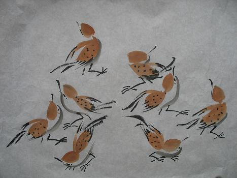 我暑假里的国画作品(4):麻雀世界