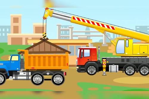 工程车挖掘机益智动画 吊车起重机修建木屋
