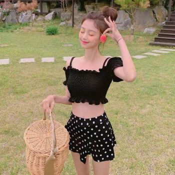 佐朗宾森睿奇科韩国新款一字肩平角裤波点钢托聚拢小胸泳衣女高腰分体