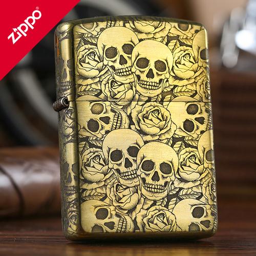 骷髅zippo煤油打火机纯铜五面雕刻之花玫瑰撒旦zippo