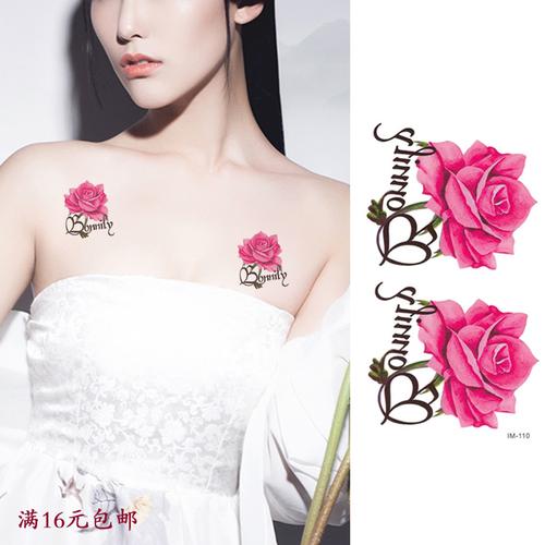 玫瑰花英文小图案防水女持久性感小花朵锁骨脚踝手腕胸花纹身贴纸