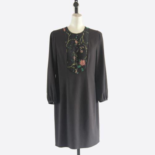 兰丝绘新款女装正品13134金纺羊毛长袖连衣裙印花黑色