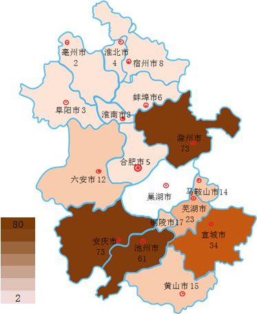 图2-3安徽省建筑用砂石企业热力分布情况