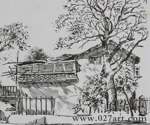 风景速写大树后的房子图片风景速写作品大树后的房子风景速写美术作品