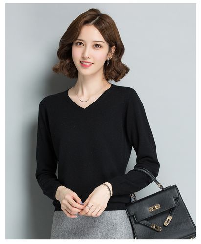 恒源祥纯羊绒衫女v领薄款山羊绒针织衫修身鸡心领毛衣