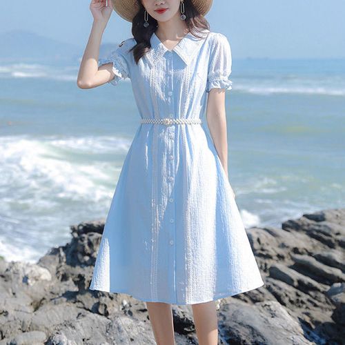 2021年最流行的裙子,长袖连衣裙女新款2021 春夏2021年新款女娃娃领单排扣女神范腰带收腰遮肚子