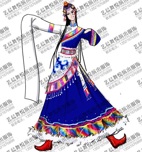 蓝色藏族女款舞蹈演出服装设计图!