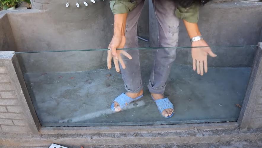 长方形的鱼池侧面没用空心砖封口,选择钢化玻璃嵌入,这样后期鱼池里