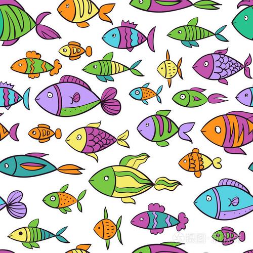 手画炫彩无缝花纹与鱼