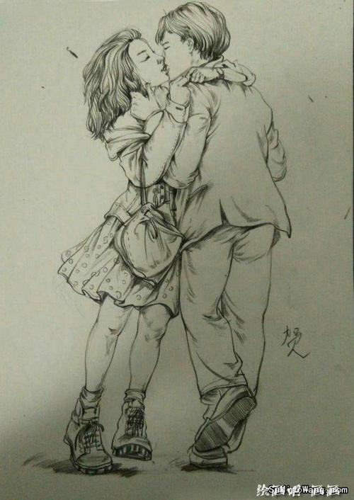 接吻的情侣素描速写图片