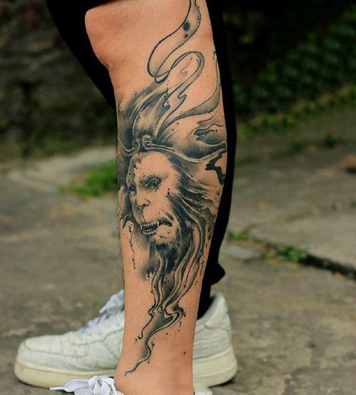 顿悟佛道,小腿水墨斗战胜佛纹身图案