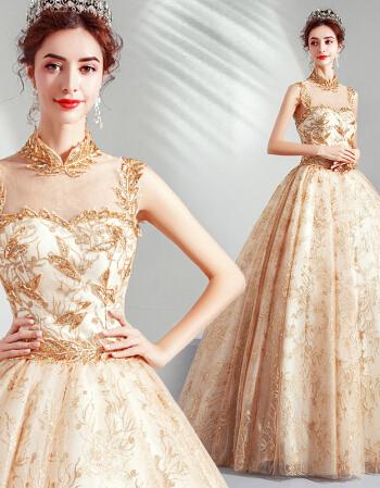 天使嫁衣璀璨金色新娘结婚敬酒服宴会年会星光婚纱晚礼服批发金色xs