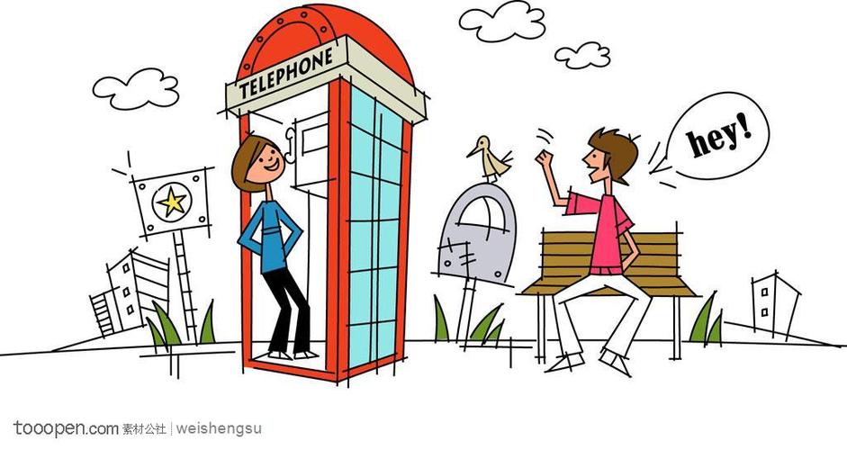 韩国矢量时尚简笔插画 电话亭和坐在椅子上的男孩
