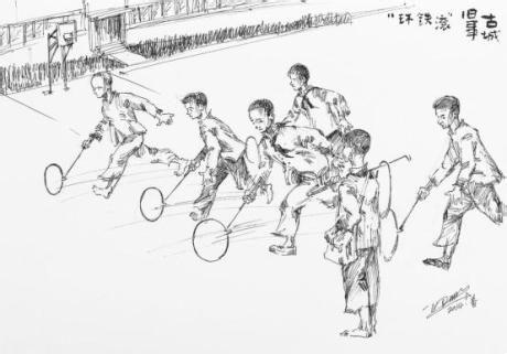 滚铁环小孩简笔画