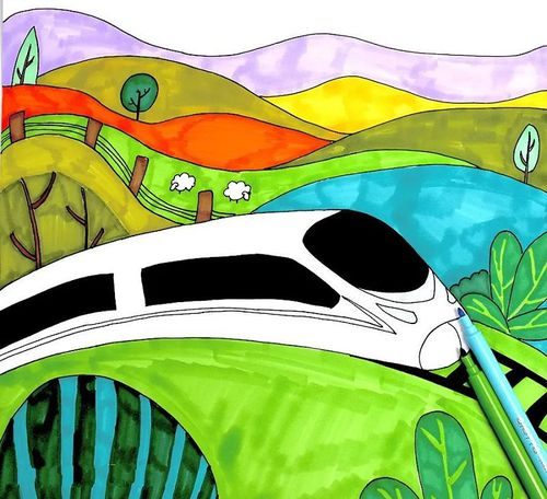 准备水彩笔,表现出高铁以及背景的色彩,注意色彩的搭配.