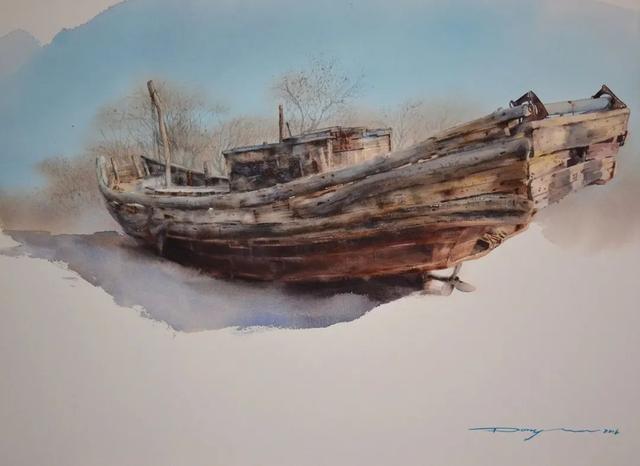 《立春》《静泊》是以渔船为主体物,大面积水做衬托宁静安详的画面