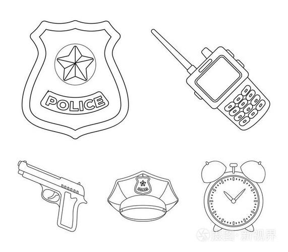无线电, 警官徽章, 制服帽, 手枪.警察集合图标的轮廓