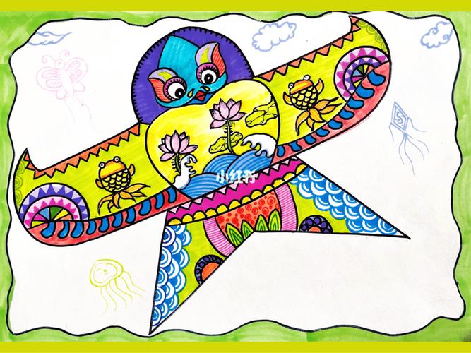 风筝09_风筝_线描_儿童画_放风筝_临摹_儿童线描_文化_绘画