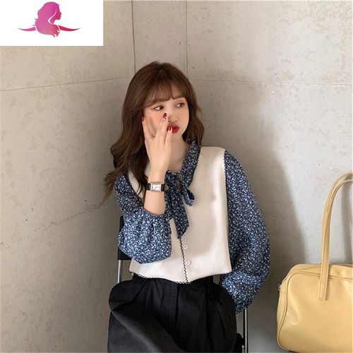 艳如飞炸街小个子穿搭秋装搭配蝴蝶结衬衫约会套装女显高马甲两件套