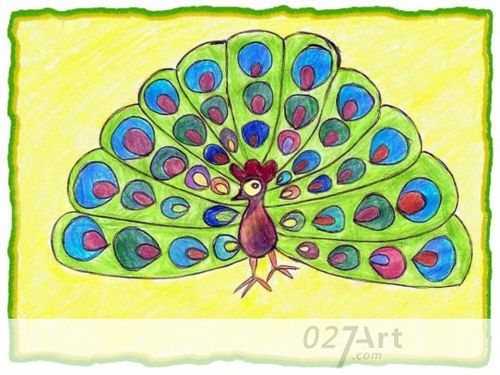 儿童画美丽的花孔雀_水彩画_零二七艺考