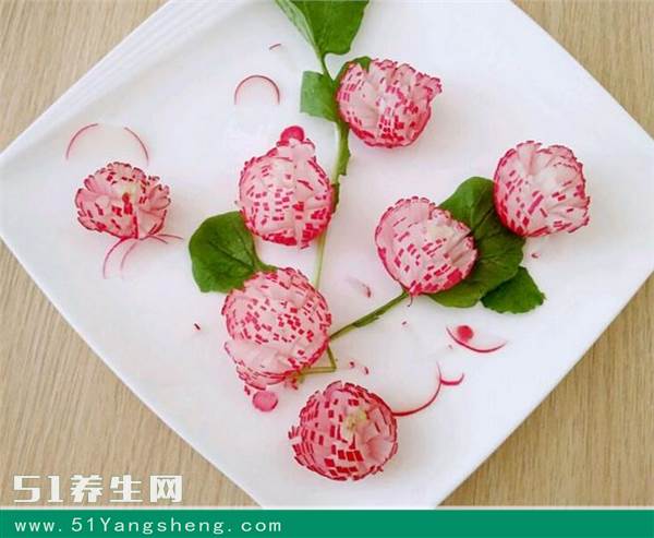首页 养生图库 美食  樱桃萝卜几个,去掉萝卜瑛和须须;横切竖切,越