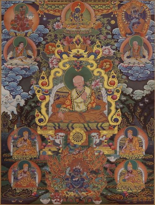 萨迦五祖精品唐卡 西藏挂画 普瑞德手工精裱布印金线唐卡佛像