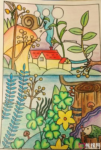 风景中的房屋,好看的儿童画图片