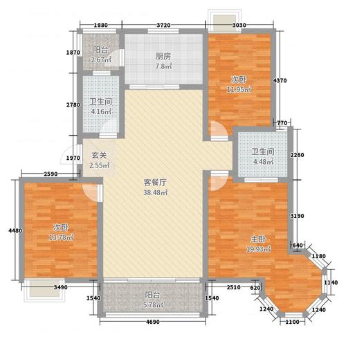 如园城市运动公园3室2厅2卫1厨136.00㎡户型图