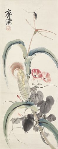 lot 1228 齐白石 草虫,牵牛,玉米 设色纸本 立轴