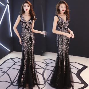 优雅长款性感亮片鱼尾敬酒服年会主持人连衣裙宴会晚礼服2021新款